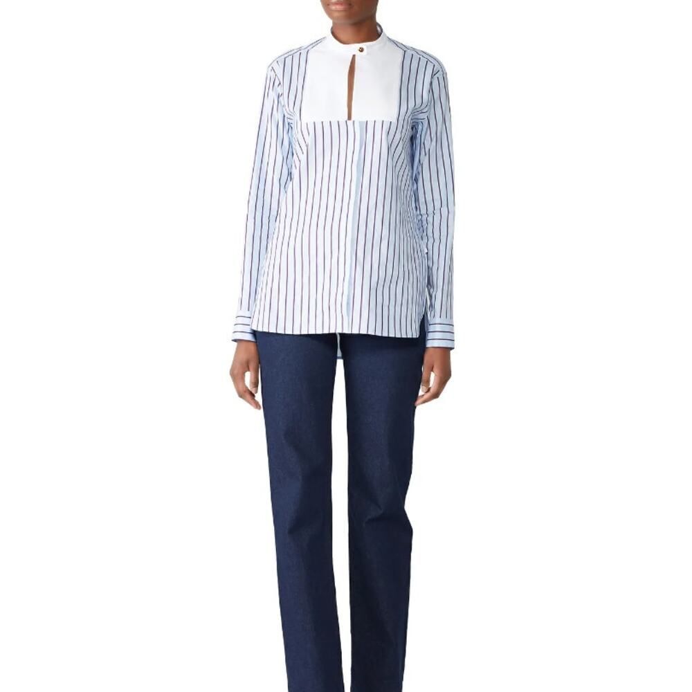 Rosetta Getty Tuxedo Shirt Women's 4 Blue White Long Sleeve High Neck Bib RTR